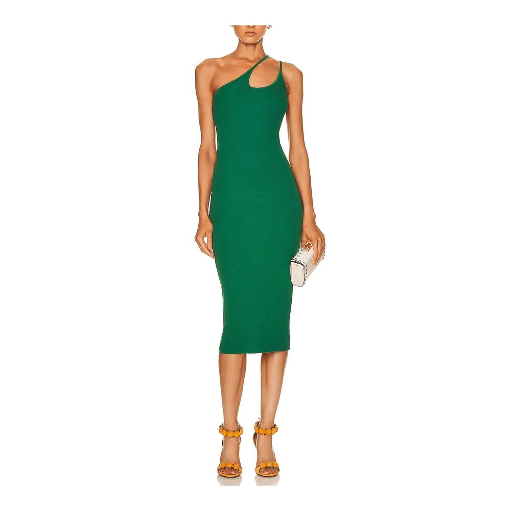 Enza Costa For Fwrd Green Viscose Stretch Silk Knit Asymmetrical Strappy Dress